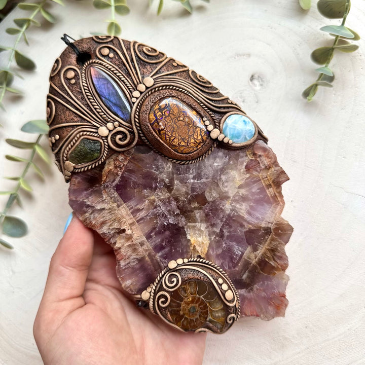 Luxury crystal wall hanging with fossil ammonite and healing stones