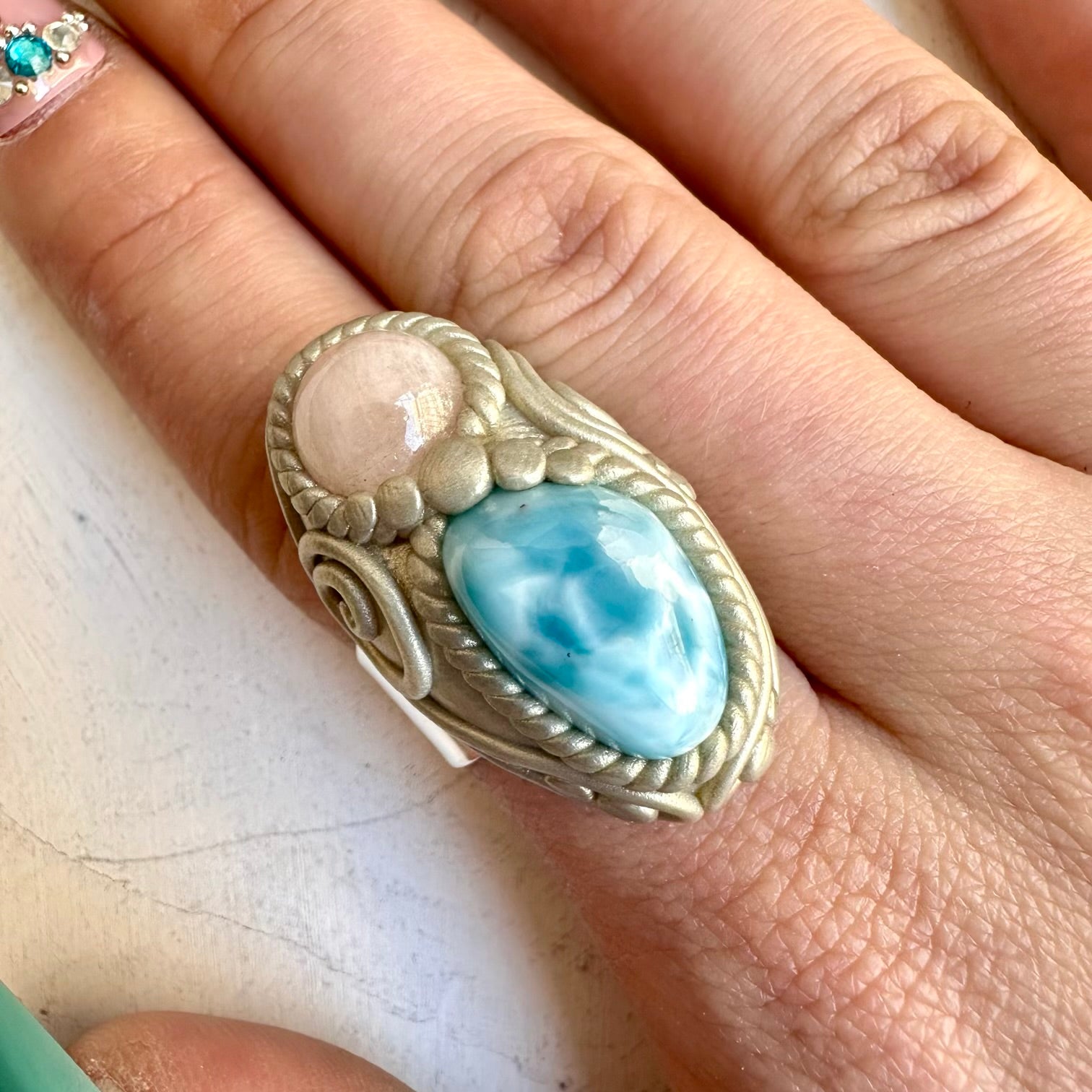 Ocean-inspired spiritual jewelry ring with larima