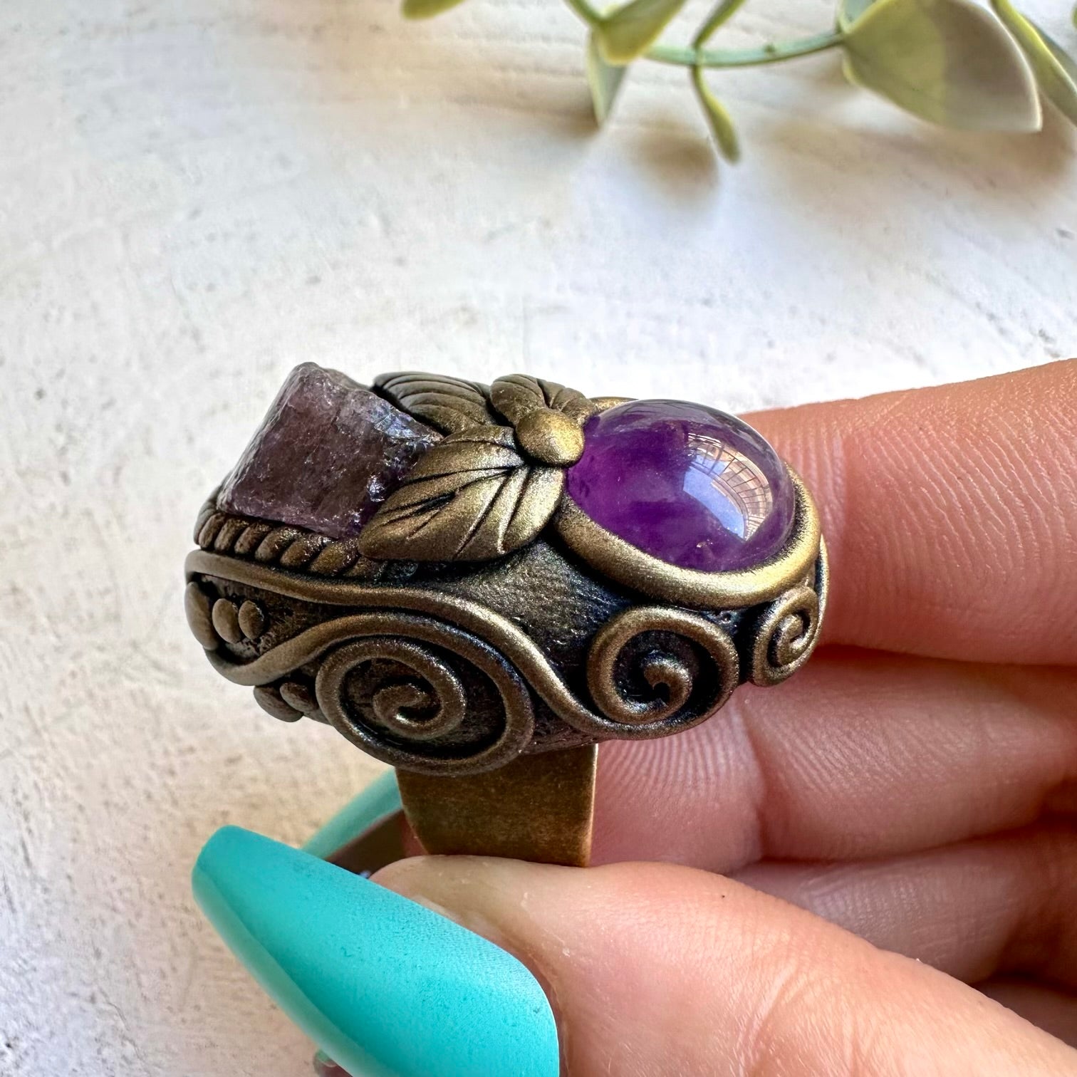 Luxury spiritual jewelry ring with rhodolite garnet and amethyst