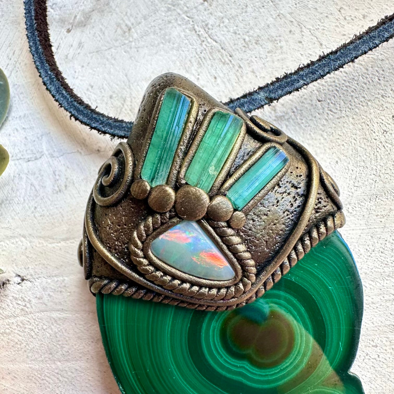 Unique malachite stalactite crystal pendant