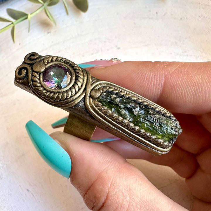 Energy crystal ring with moldavite and mystic topaz