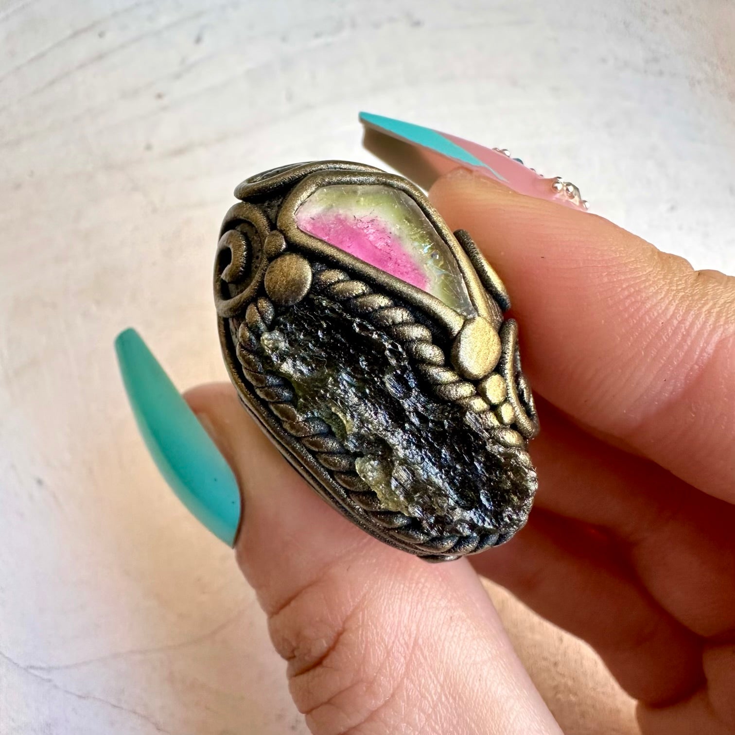 Moldavite and watermelon tourmaline healing crystal ring