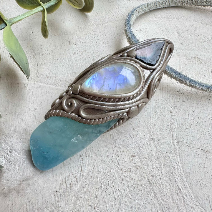 Natural gemstone necklace with aquamarine and rainbow moonstone