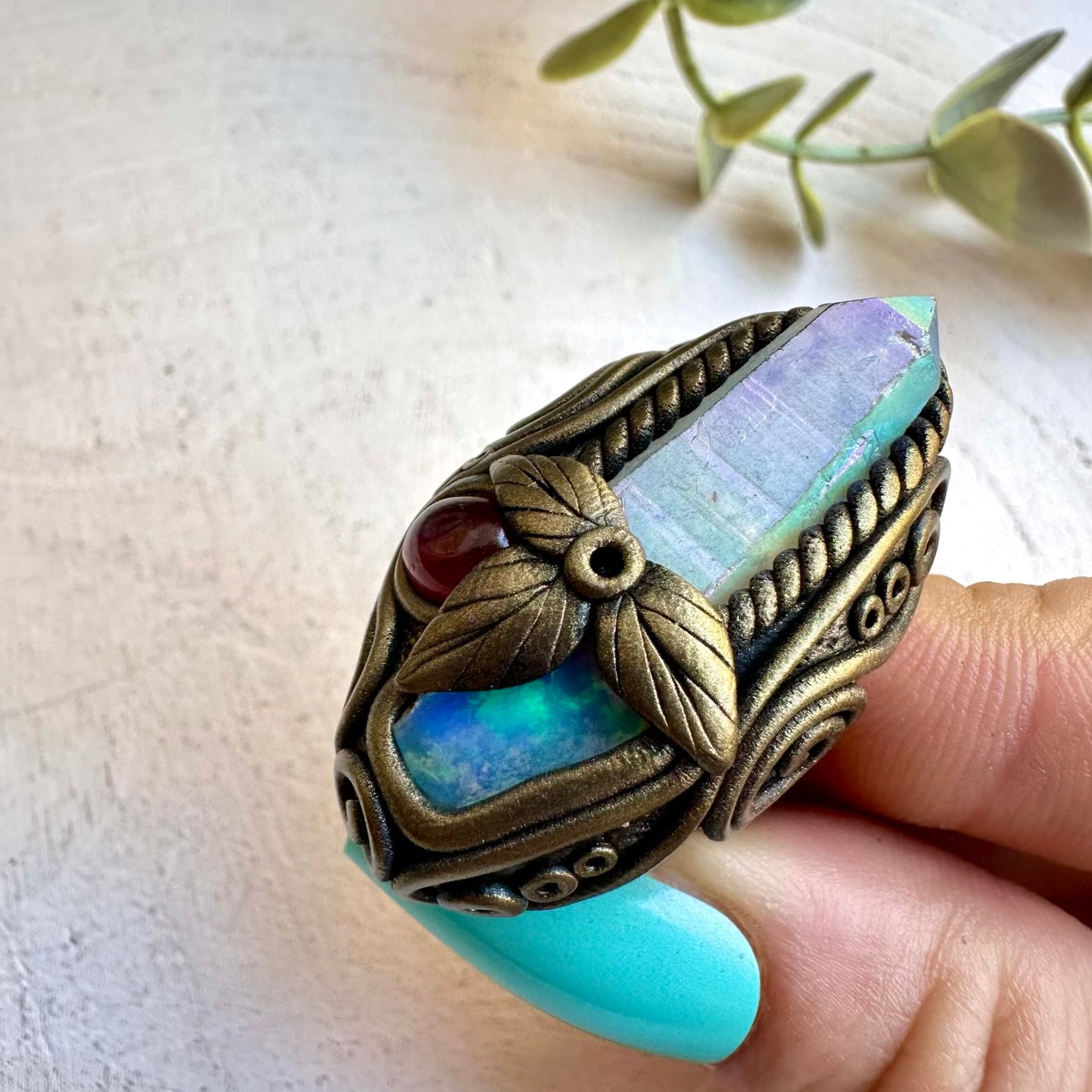 Luxury spiritual jewelry ring with aura quartz and opal