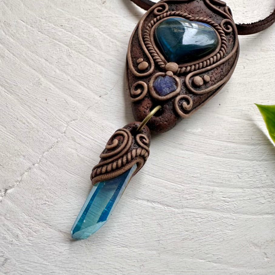Labradorite Aqua Aura Quartz and Tanzanite Necklace, Handmade Boho Pendant - FairyGardenGlow