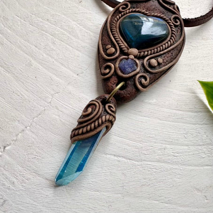 Labradorite Aqua Aura Quartz and Tanzanite Necklace, Handmade Boho Pendant - FairyGardenGlow