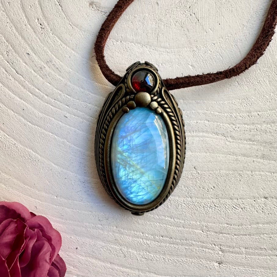 Boho crystal necklace with Rainbow Moonstone and Red Garnet