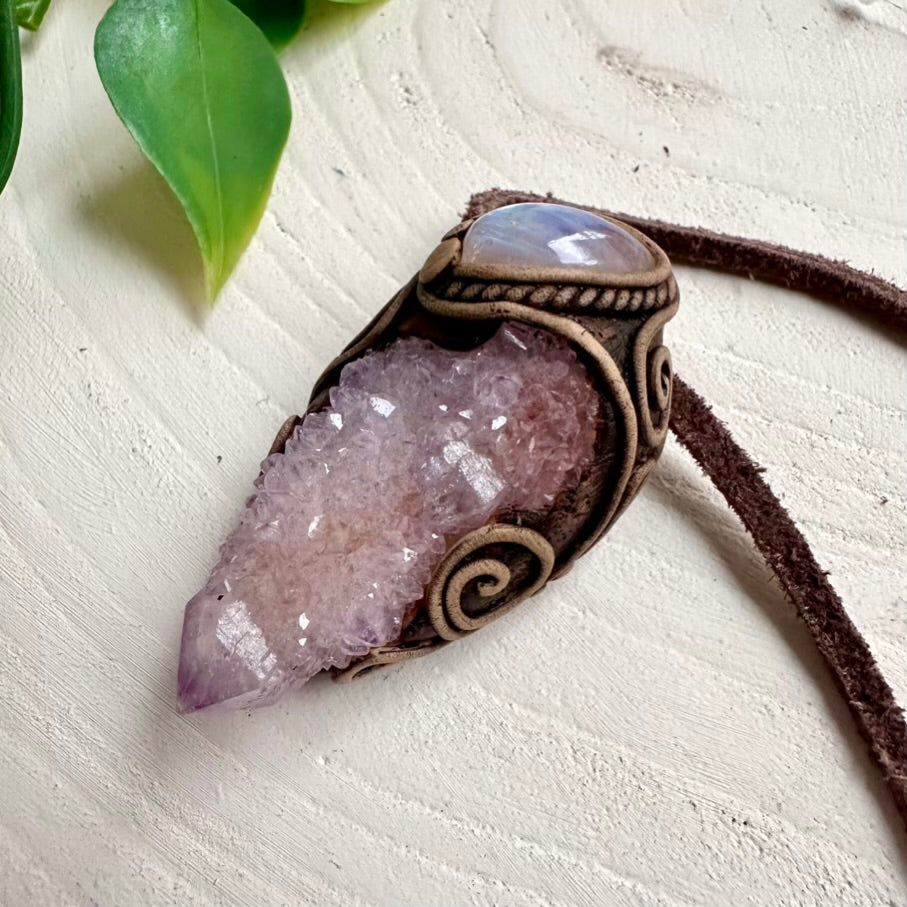 Artisan necklace crafted with Spirit Quartz and Rainbow Moonstone