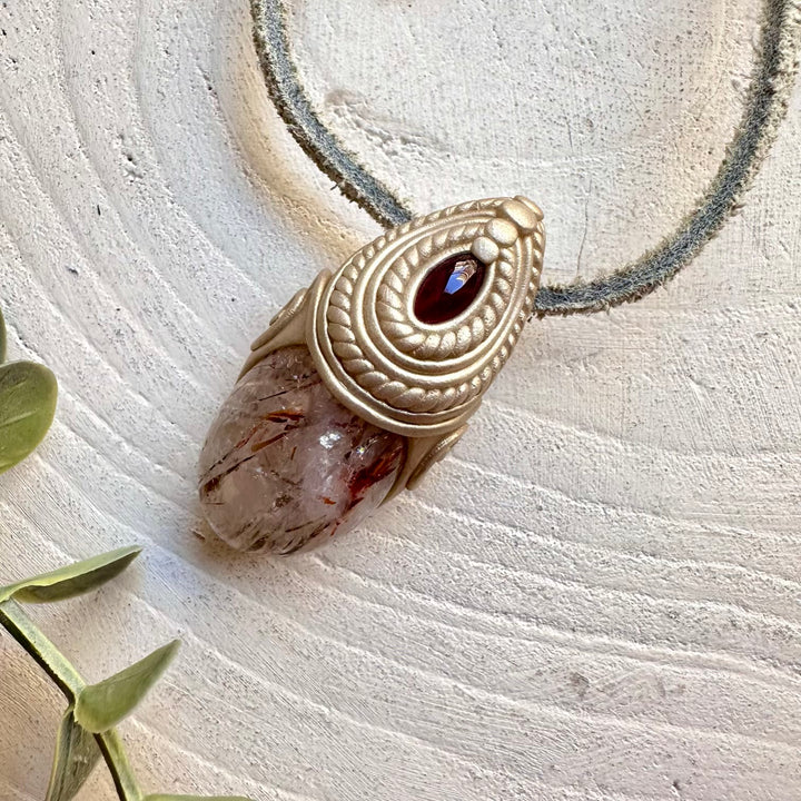 Crystal talisman necklace with hematite quartz and rhodolite garnet healing crystals