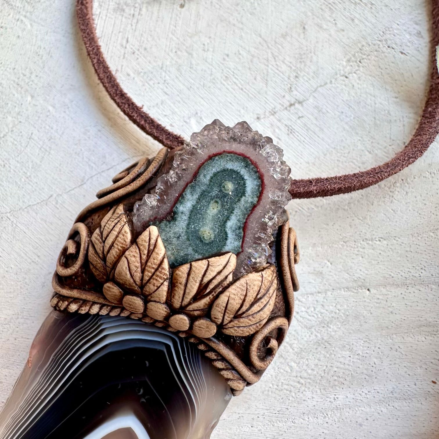 Botswana agate and amethyst stalactite healing crystal necklace