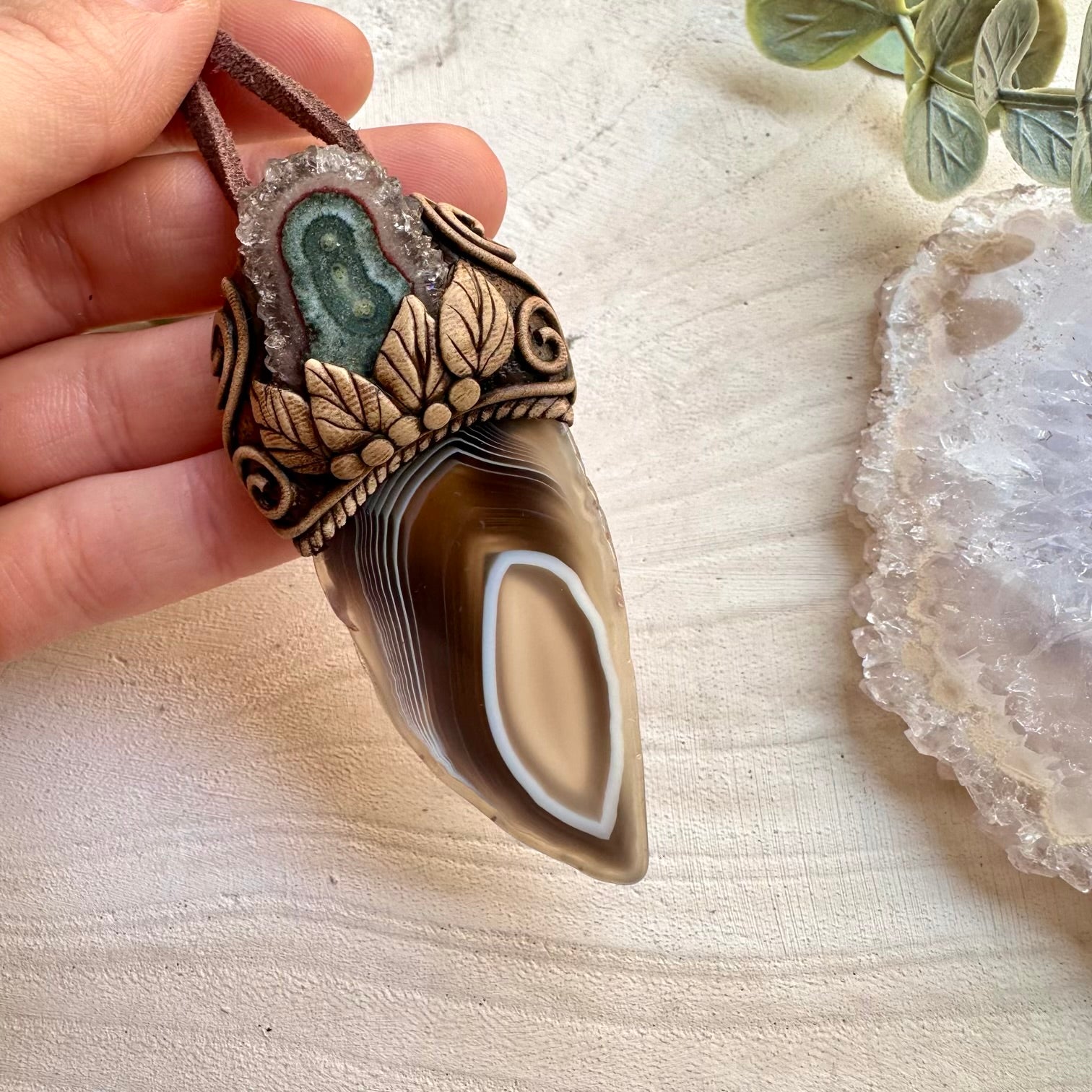 Handmade necklace featuring Botswana agate and amethyst stalactite