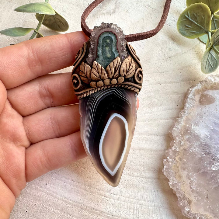 Botswana agate and amethyst stalactite pendant necklace