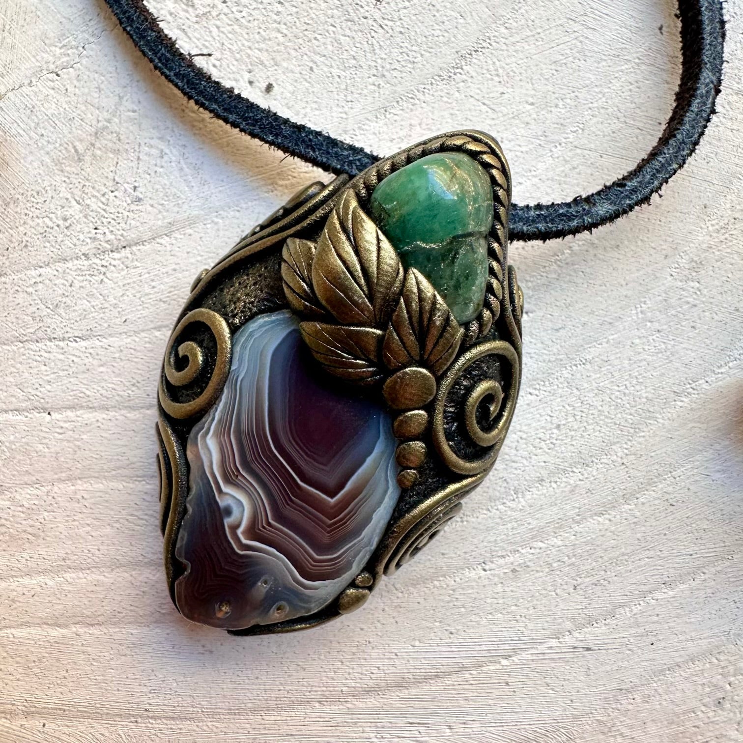 Handmade necklace with botswana agate and emerald gemstone