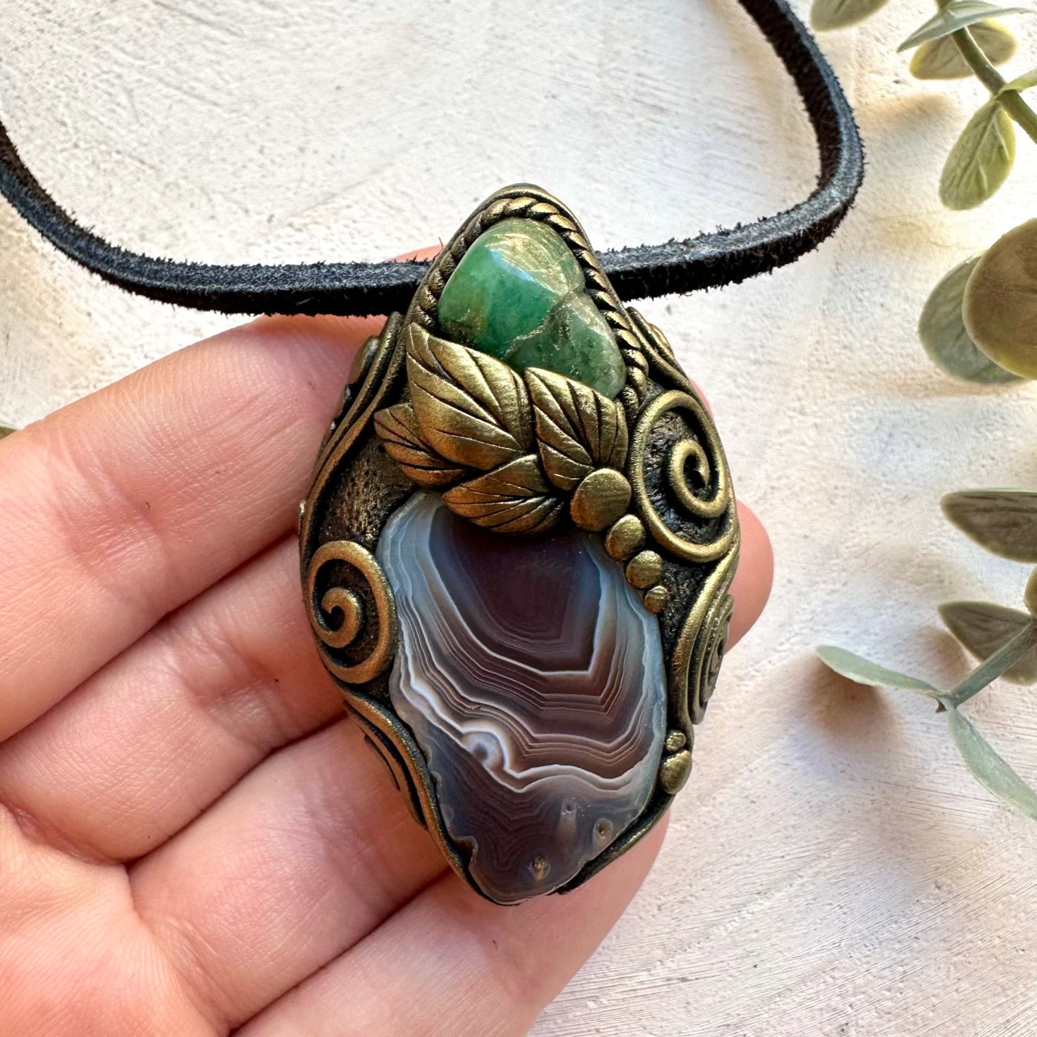 Botswana agate and emerald pendant necklace
