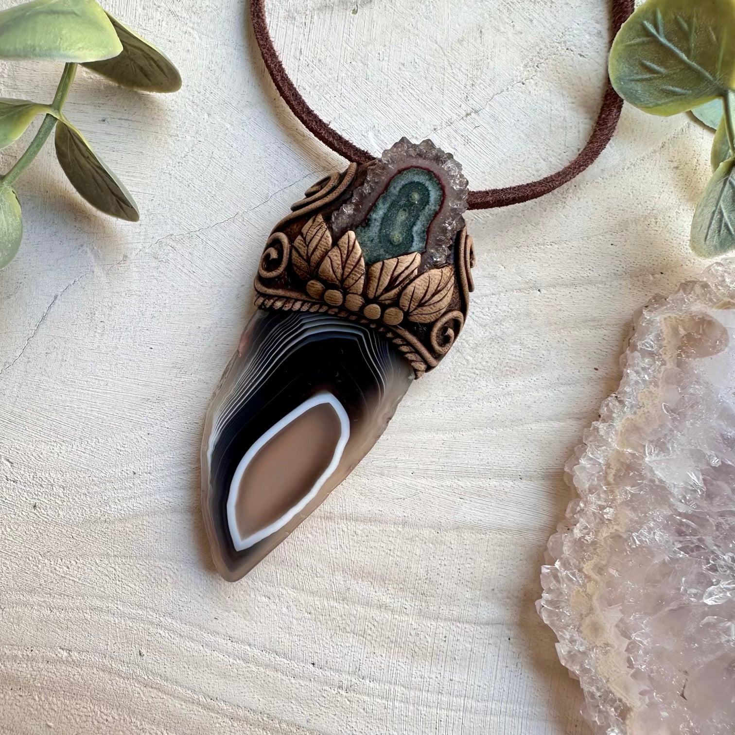 Natural gemstone necklace with Botswana agate and amethyst