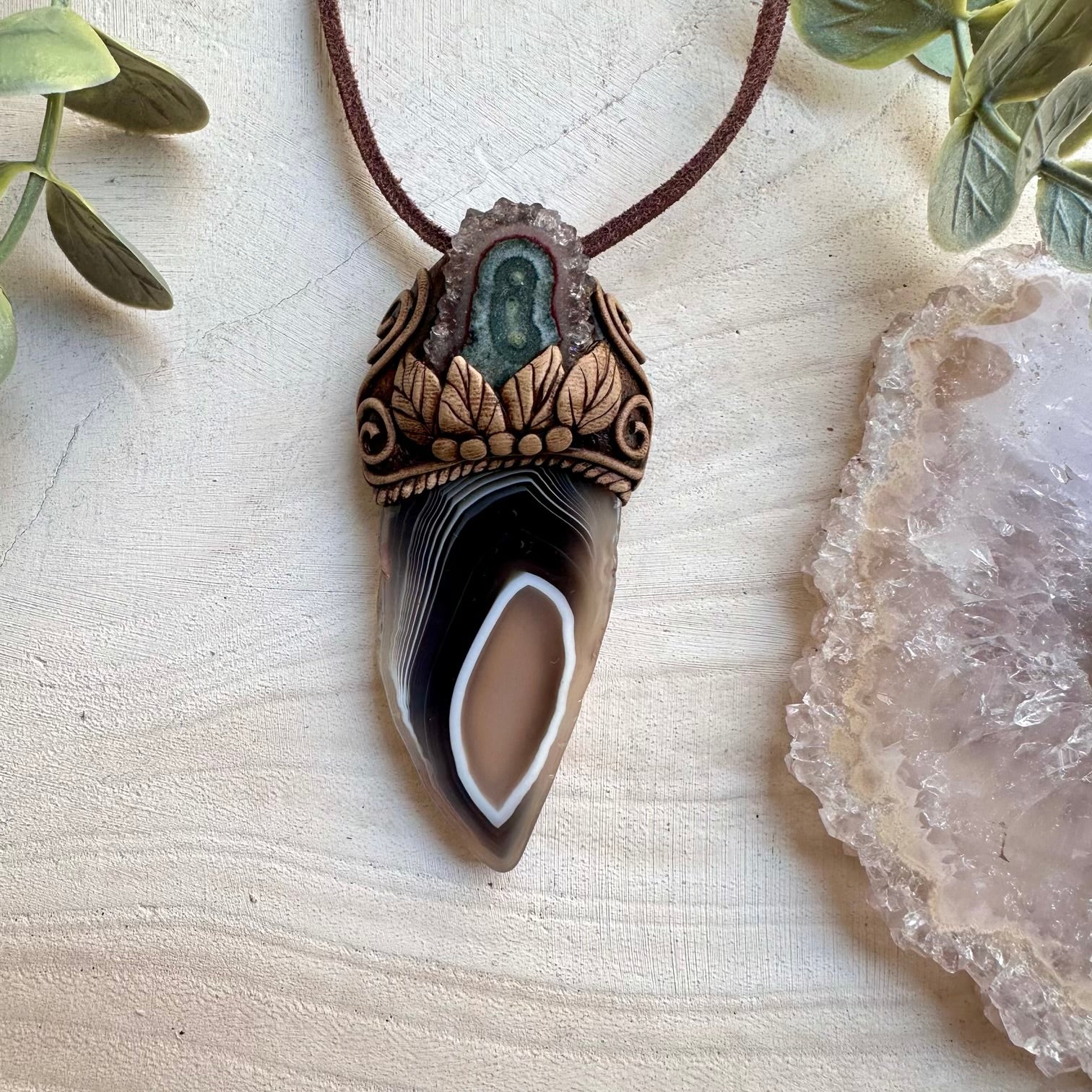 Natural Botswana agate paired with amethyst stalactite in a necklace