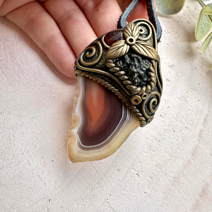 Botswana agate with moldavite and red garnet necklace