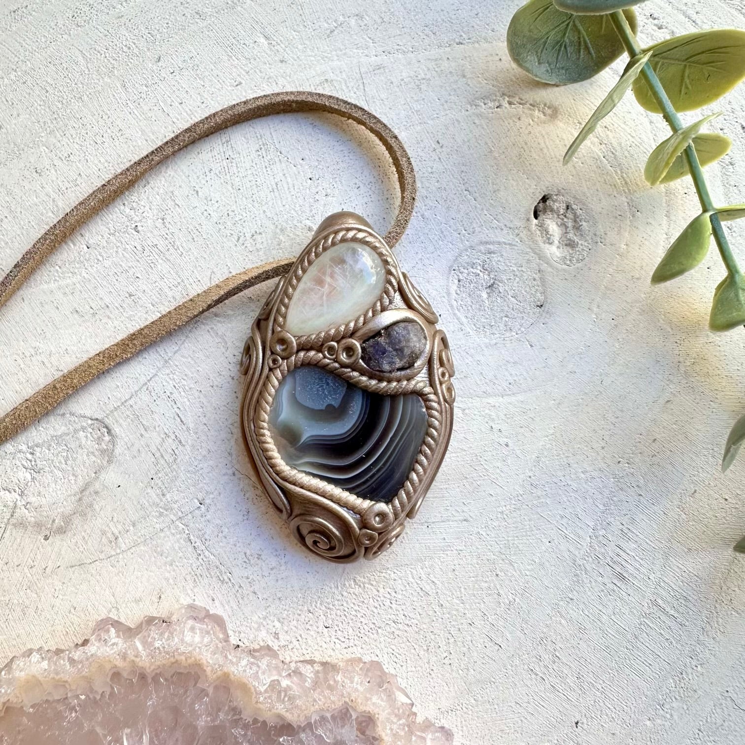 Handmade necklace with Botswana agate moonstone and tanzanite