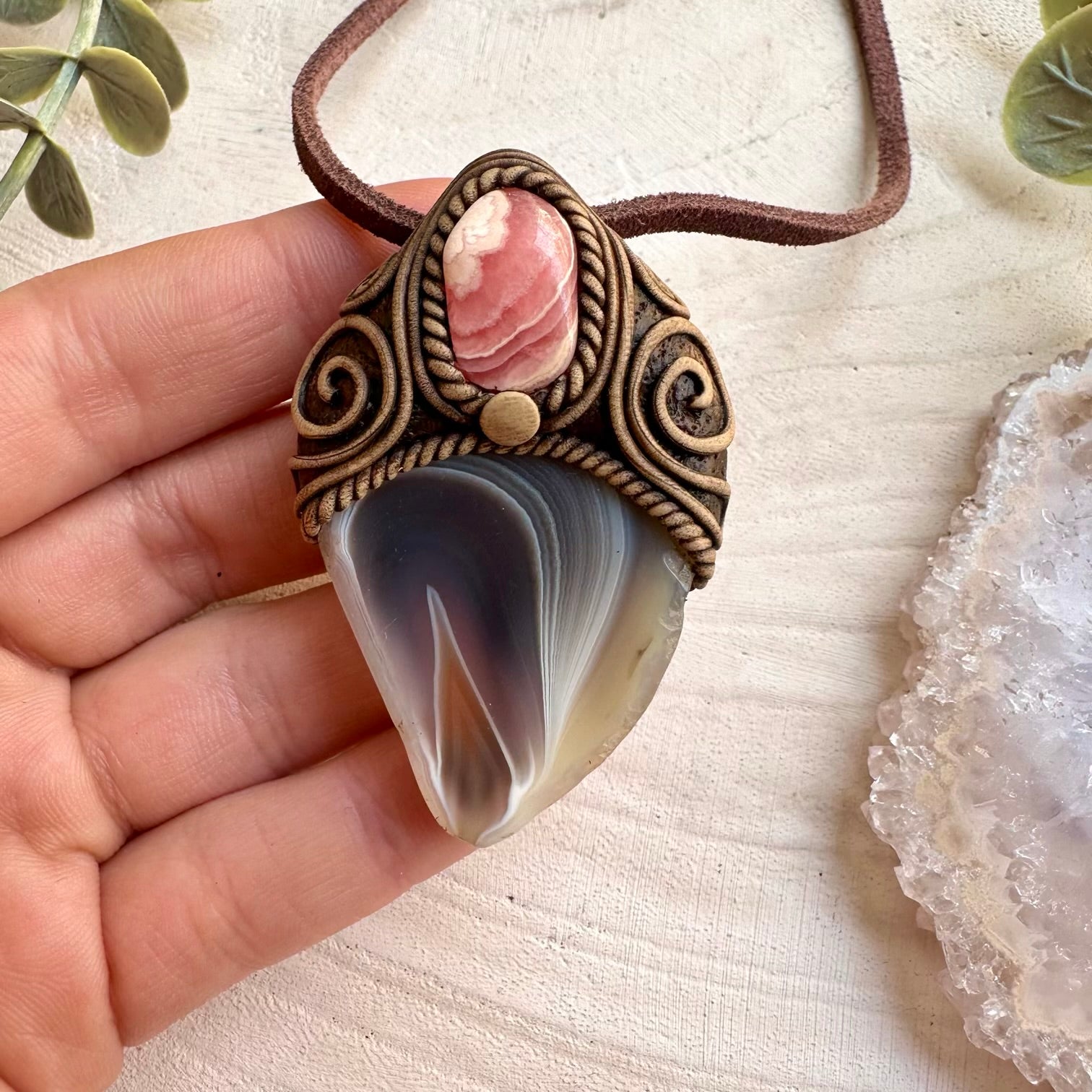 Handmade necklace featuring Botswana agate and rhodochrosite