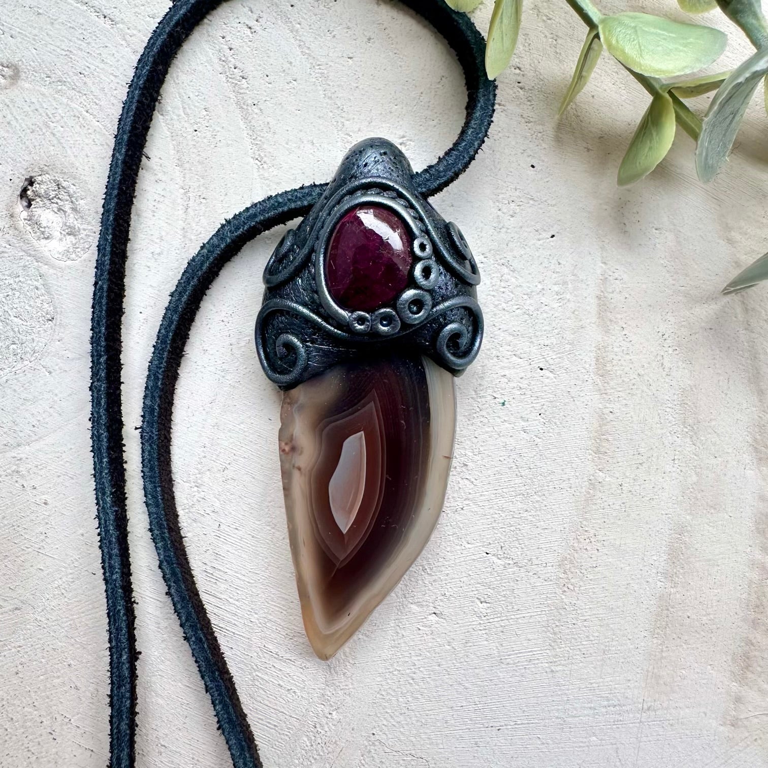 Handmade necklace with botswana agate and ruby