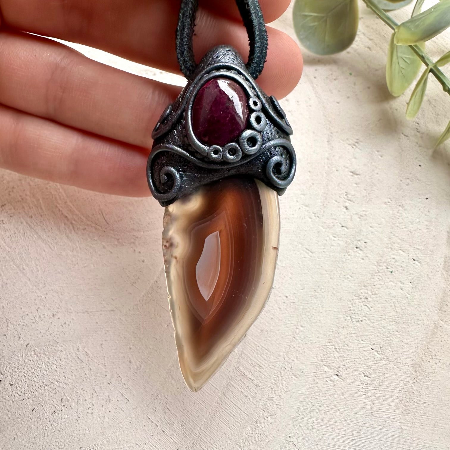 Botswana agate and ruby pendant necklace