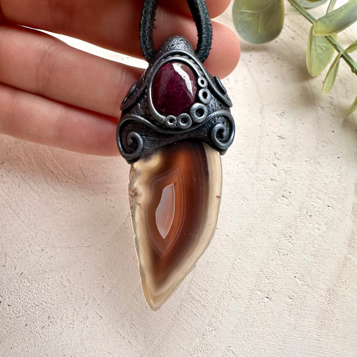 Botswana agate and ruby pendant necklace