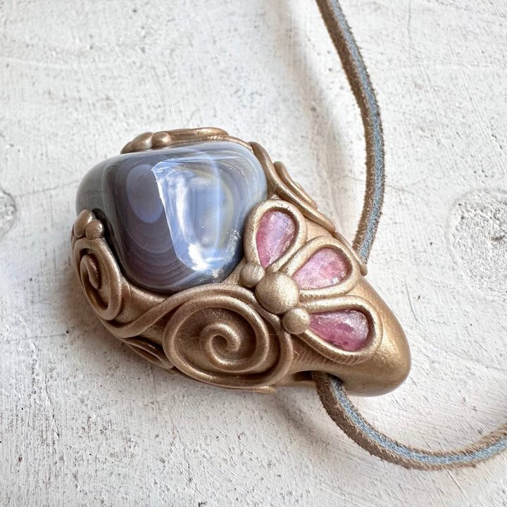 Natural Botswana agate necklace with pink tourmaline gemstone