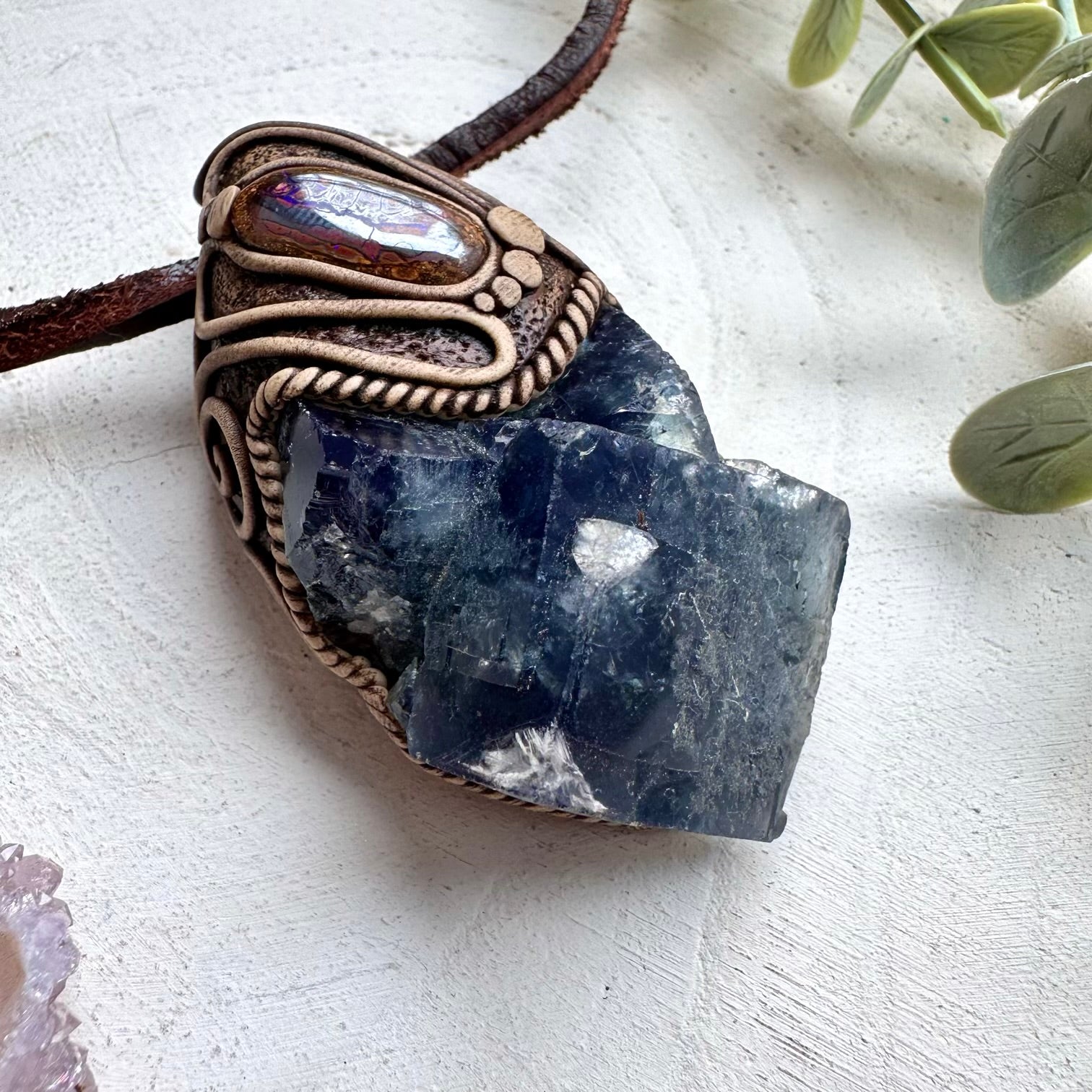Energy pendant with fluorite and boulder opal