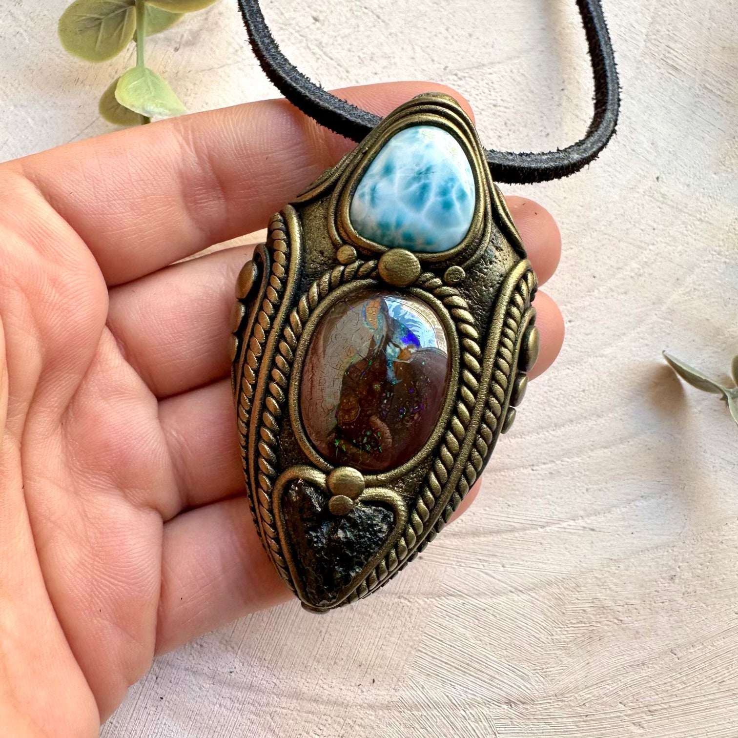 Boulder opal with larimar and moldavite pendant necklace