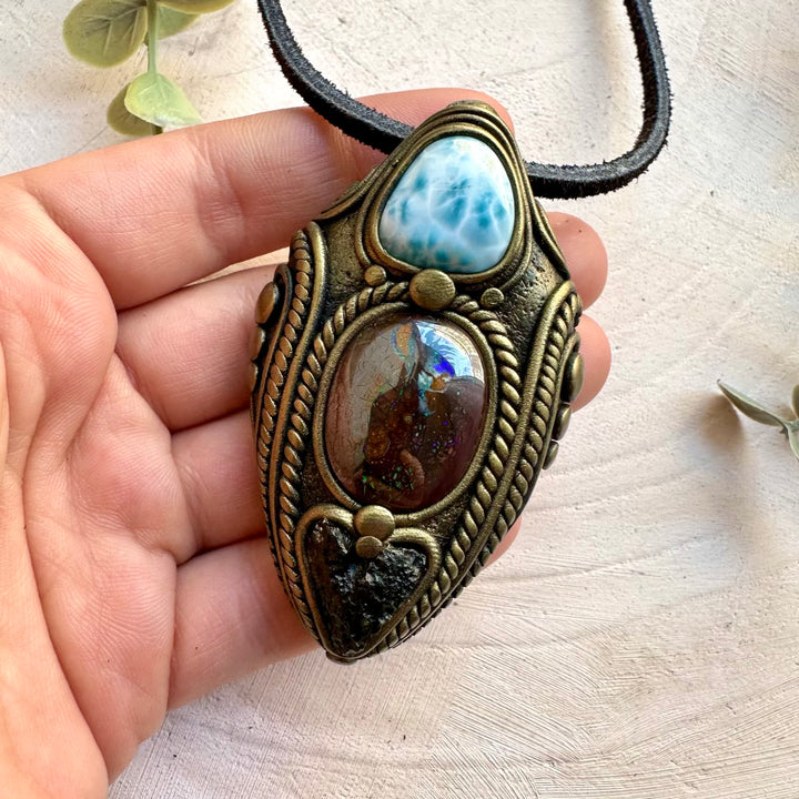 Boulder opal with larimar and moldavite pendant necklace