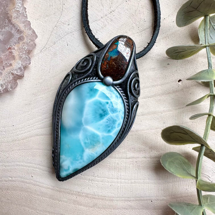 Healing crystal pendant with larimar and opal