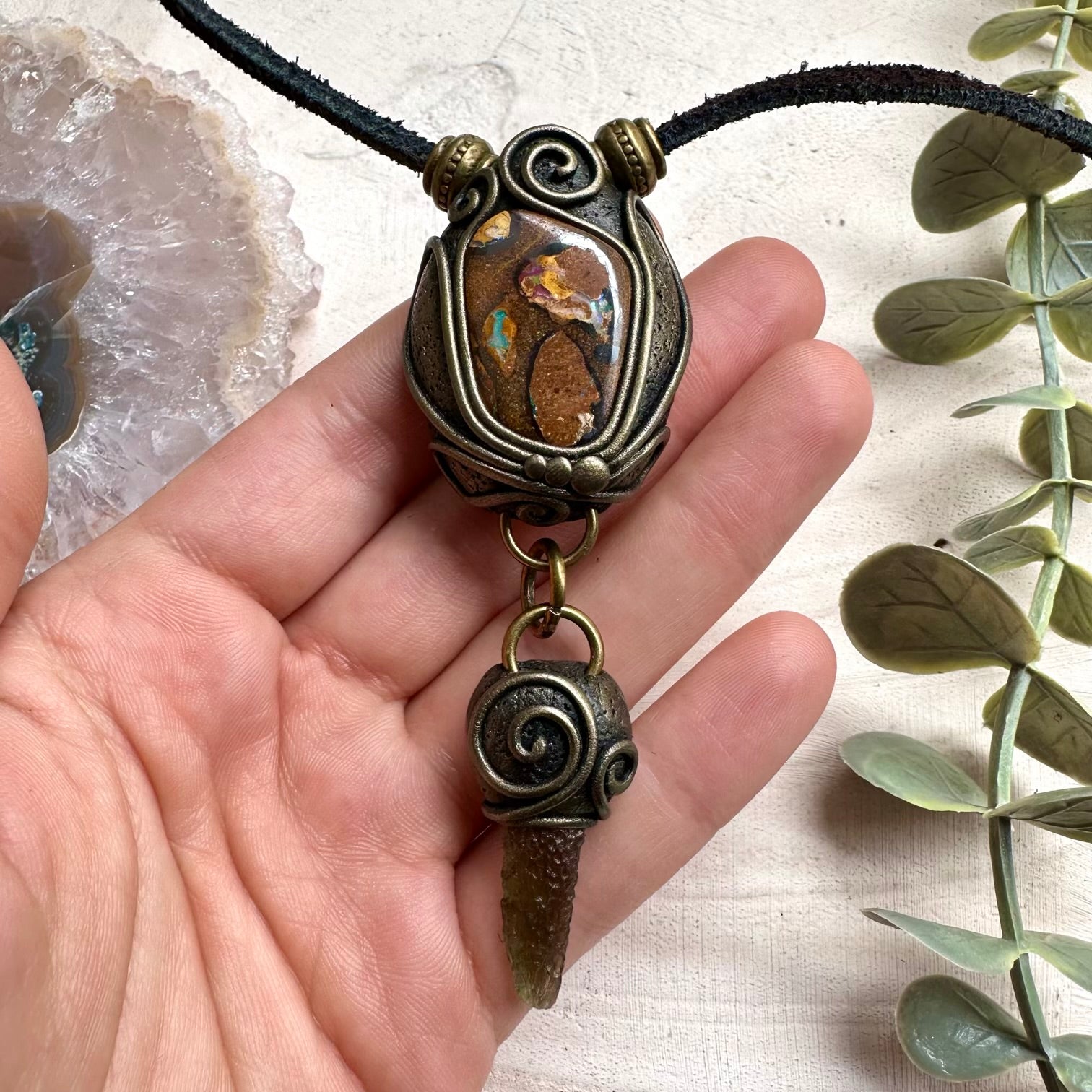 Boulder opal and moldavite pendant necklace