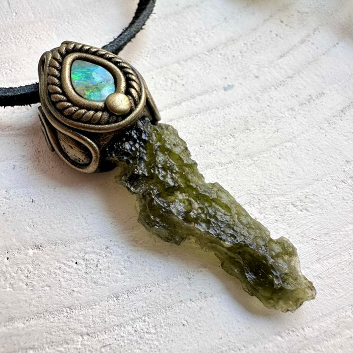 Handmade unisex necklace with natural Moldavite and Boulder Opal