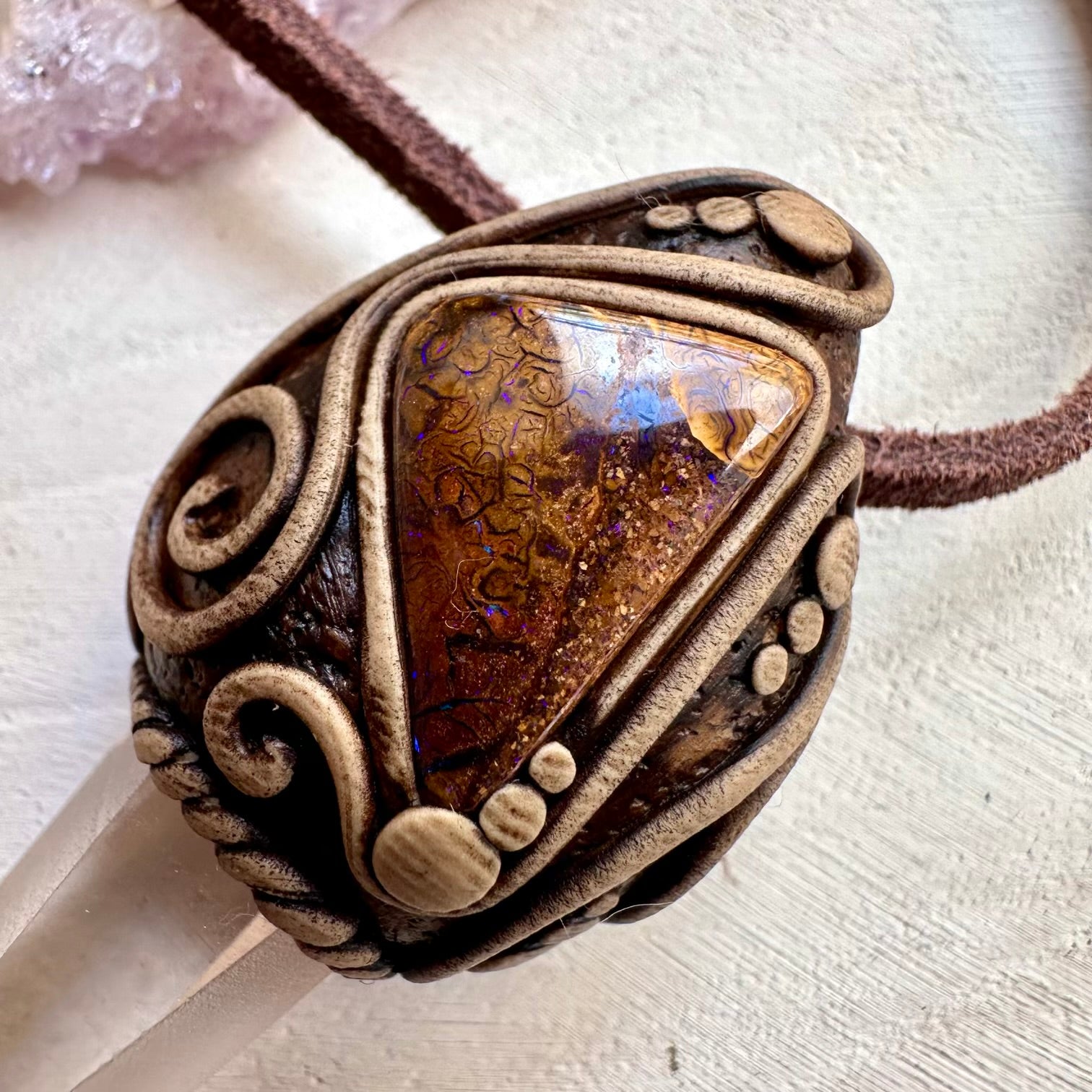 Natural gemstone necklace with lemurian quartz and boulder opal