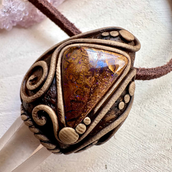 Natural gemstone necklace with lemurian quartz and boulder opal