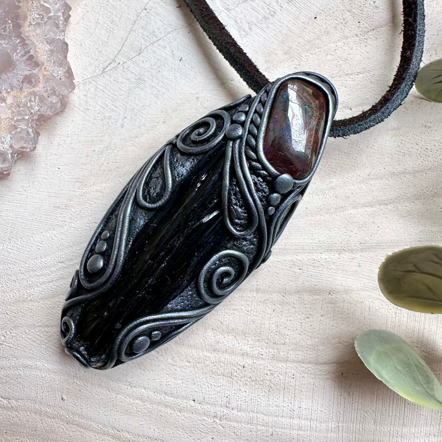 Healing crystal pendant with vivianite and opal