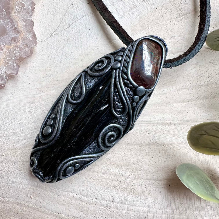 Healing crystal pendant with vivianite and opal