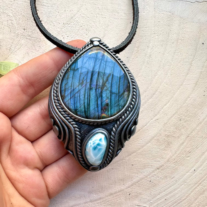 Labradorite and larimar healing gemstone necklace