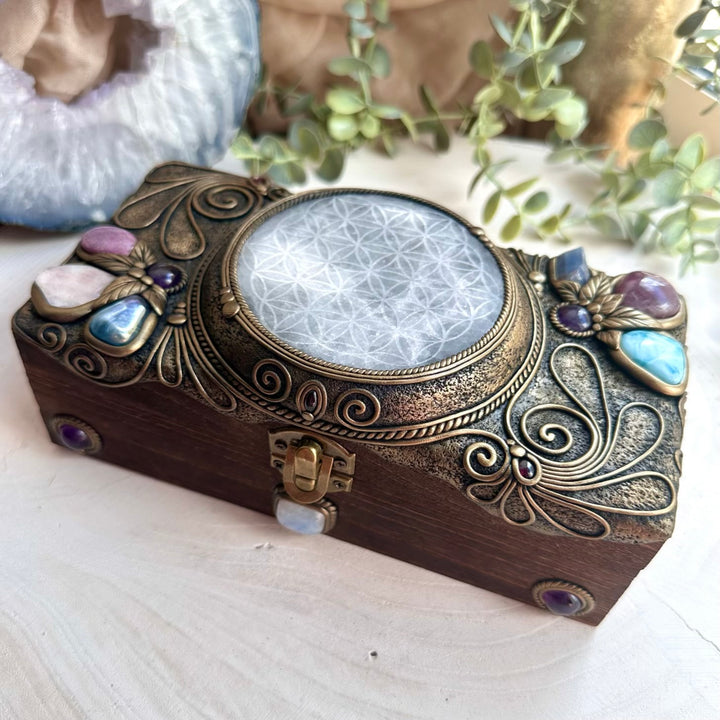 Mineral specimen inspired keepsake box with aqua aura quartz, blue calcite, and moonstone