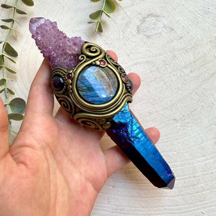 Handmade crystal wand featuring raw Cobalt Aura Quartz with vibrant natural healing crystals and stones.