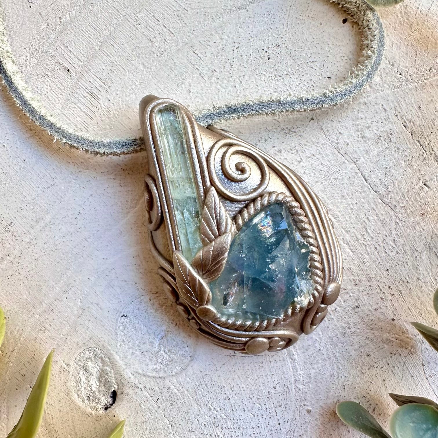 Crystal talisman necklace with celestite and aquamarine healing stones