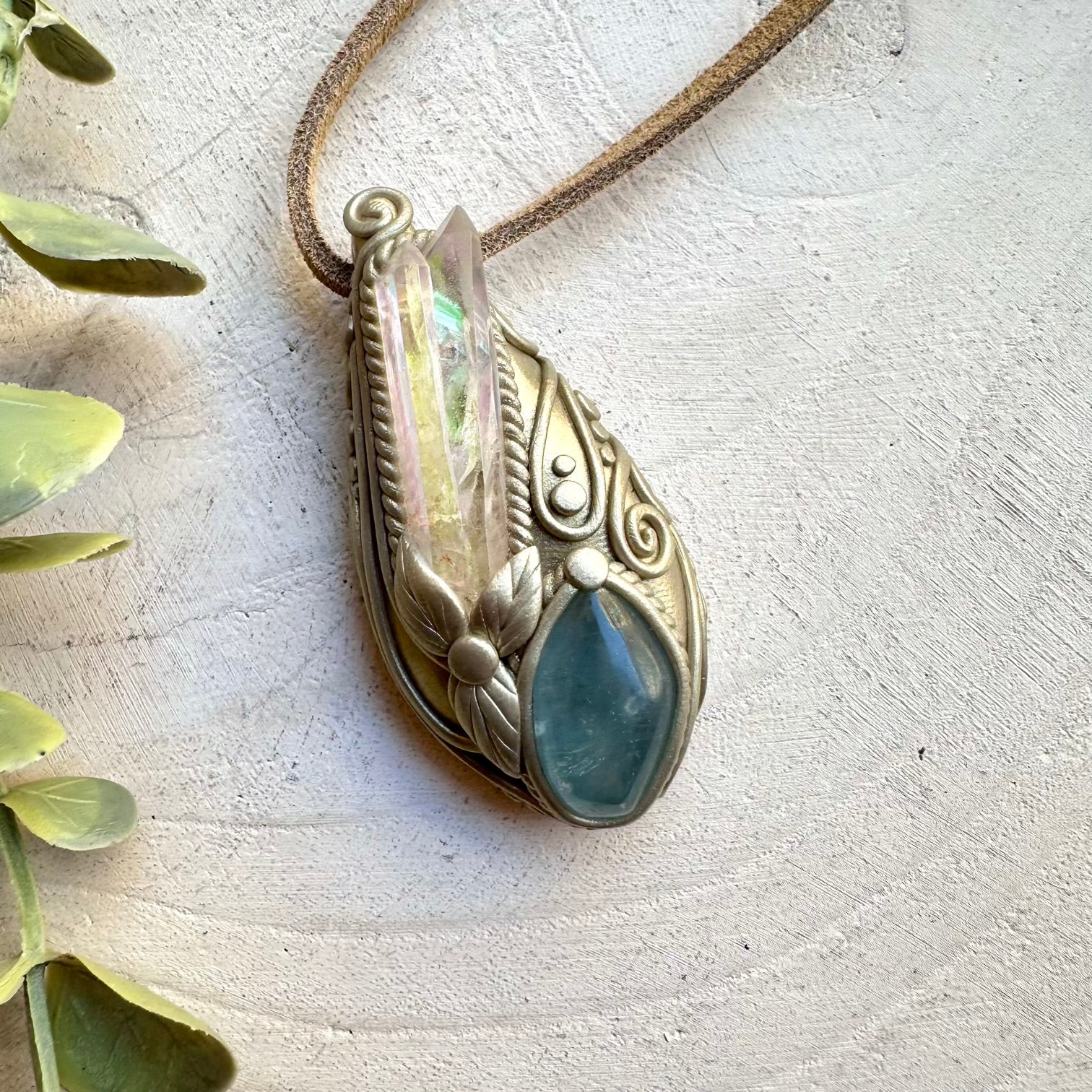 Handmade necklace with aura quartz and celestite crystal