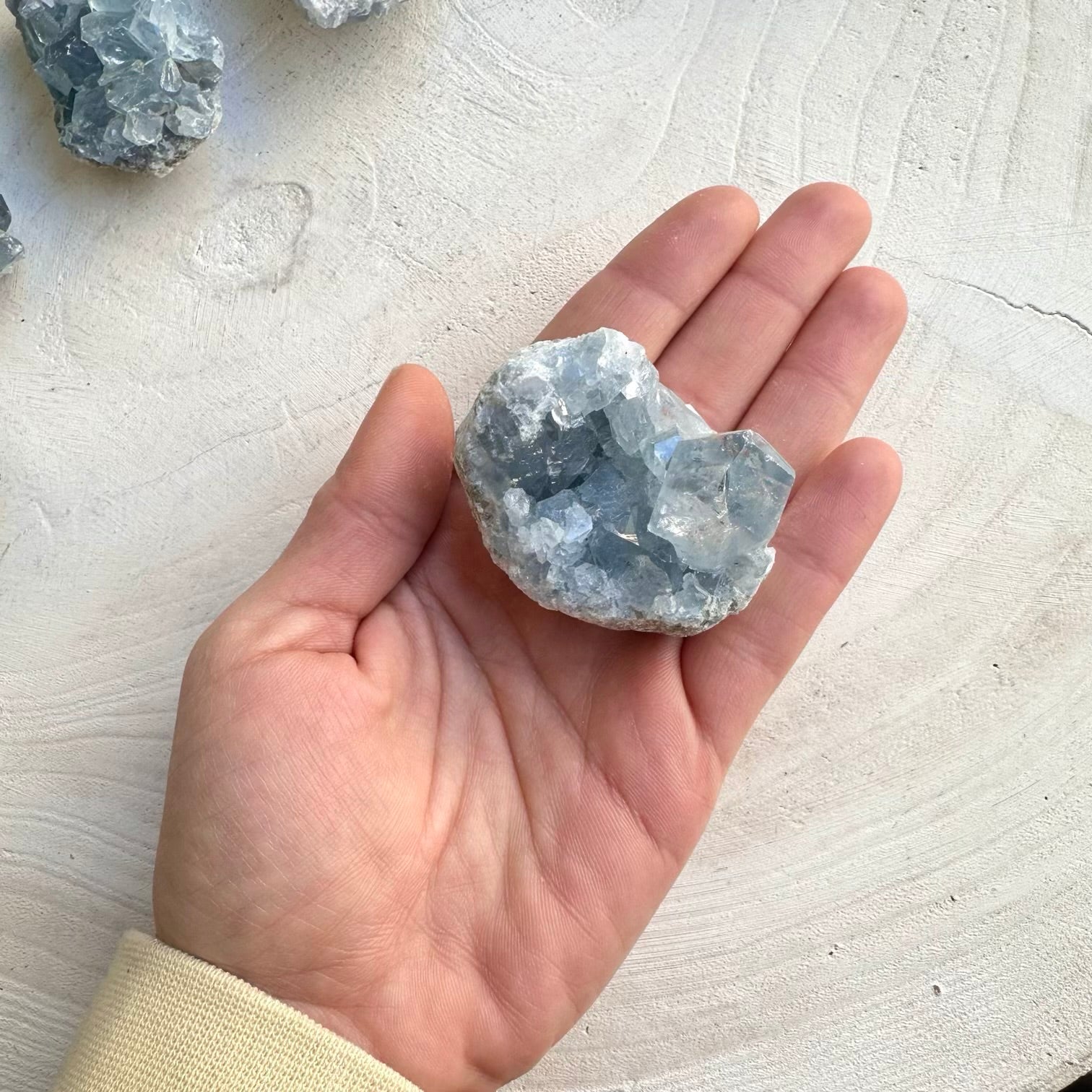 Natural celestite healing crystal cluster