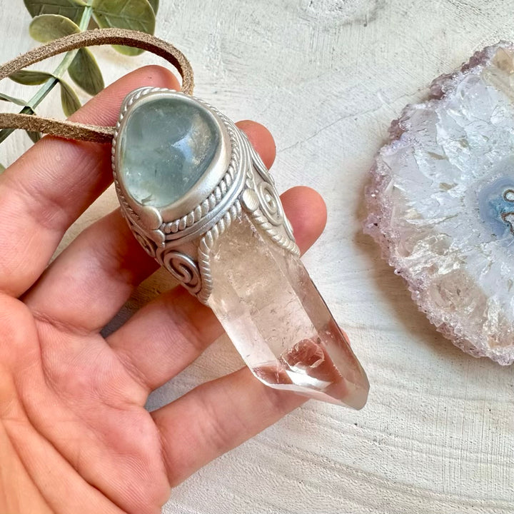 Natural gemstone necklace with clear quartz and celestite
