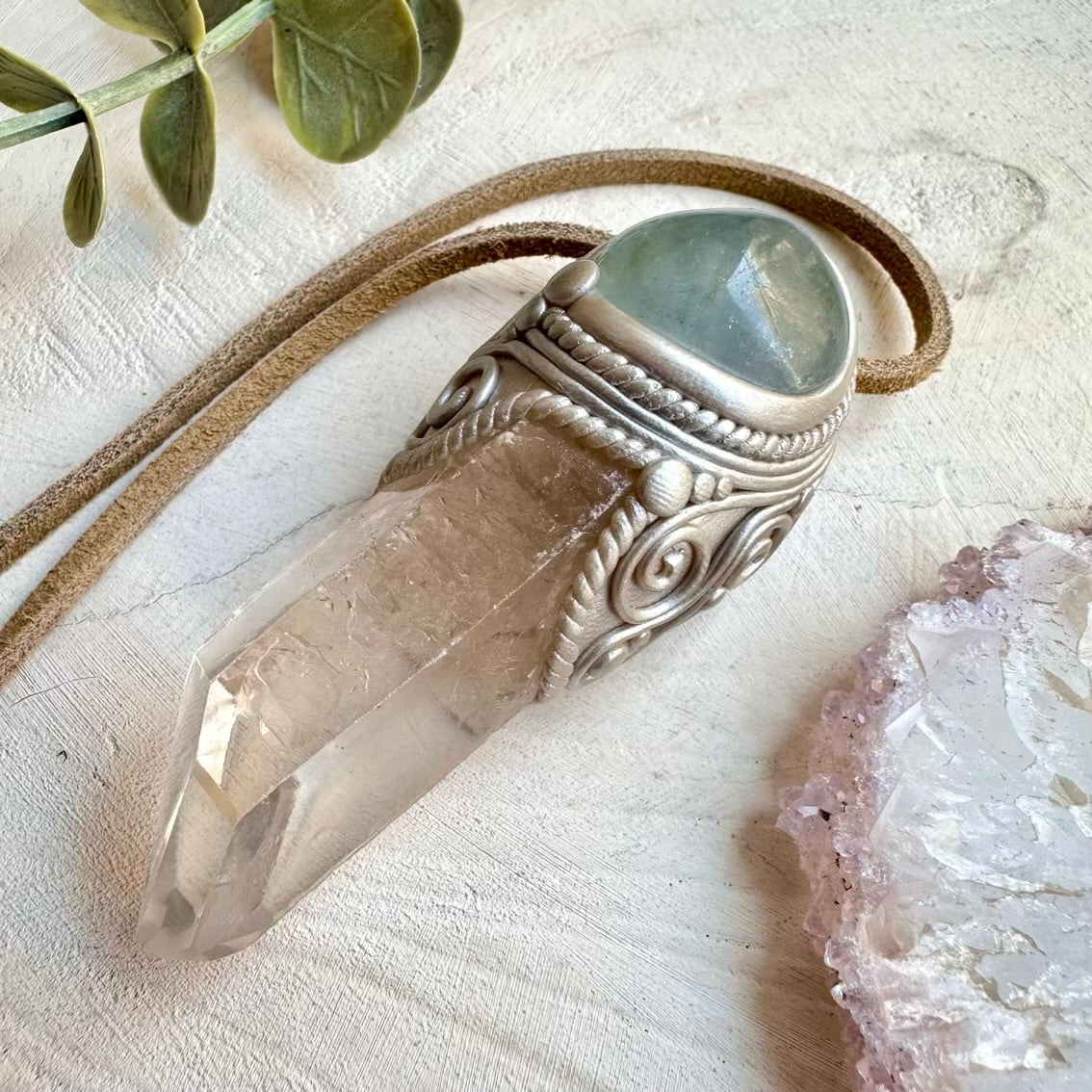 Long clear quartz healing crystal necklace with celestite
