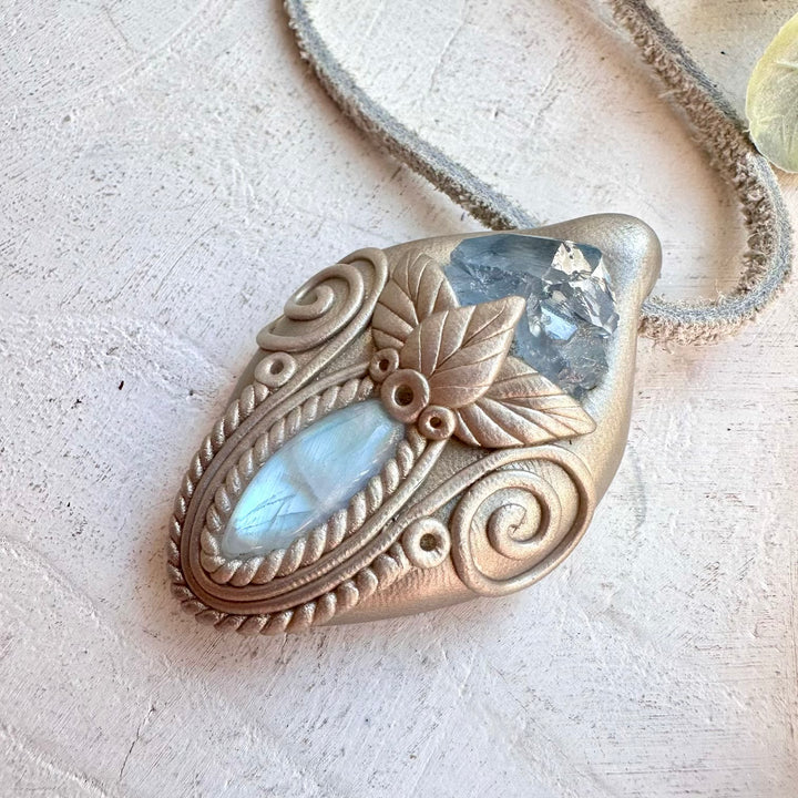 Healing crystal necklace fantasy jewelry rainbow moonstone celestite pendant