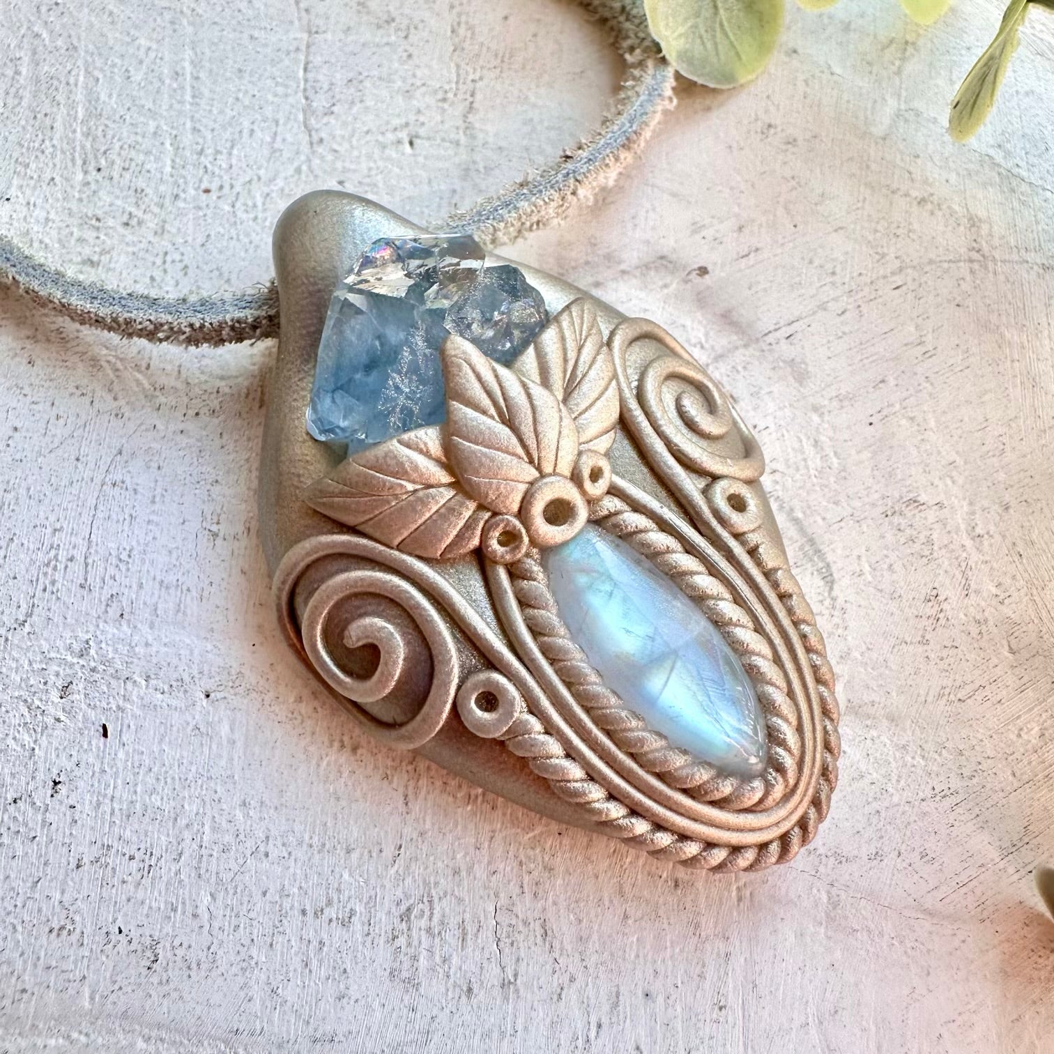 Protection amulet crystal necklace with rainbow moonstone and celestite