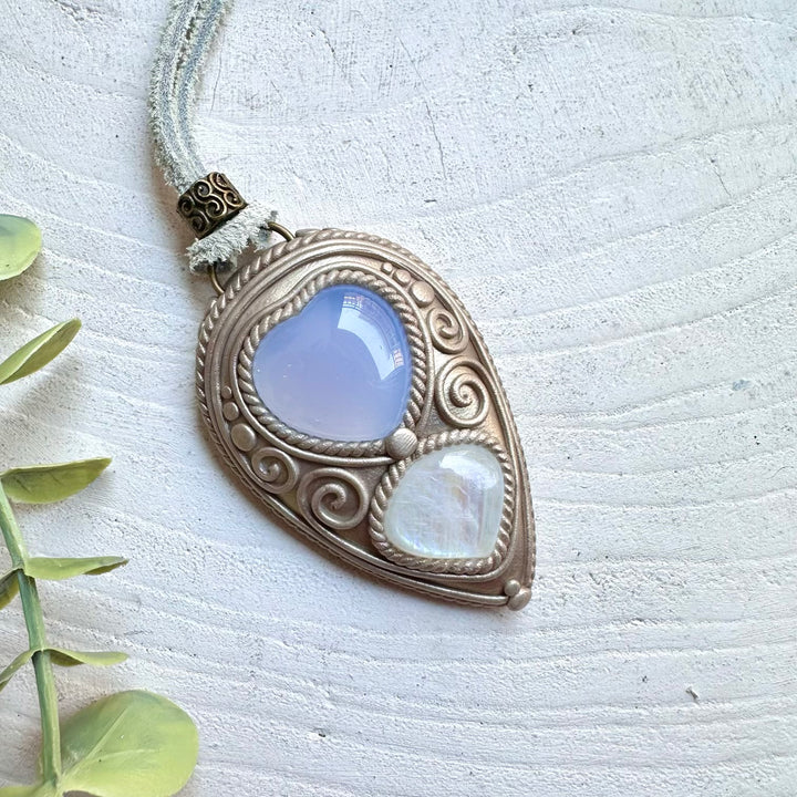 Protection amulet crystal necklace with chalcedony heart and moonstone gemstones