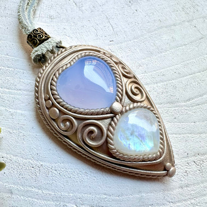 Handmade gemstone necklace blue chalcedony and moonstone spiritual jewelry