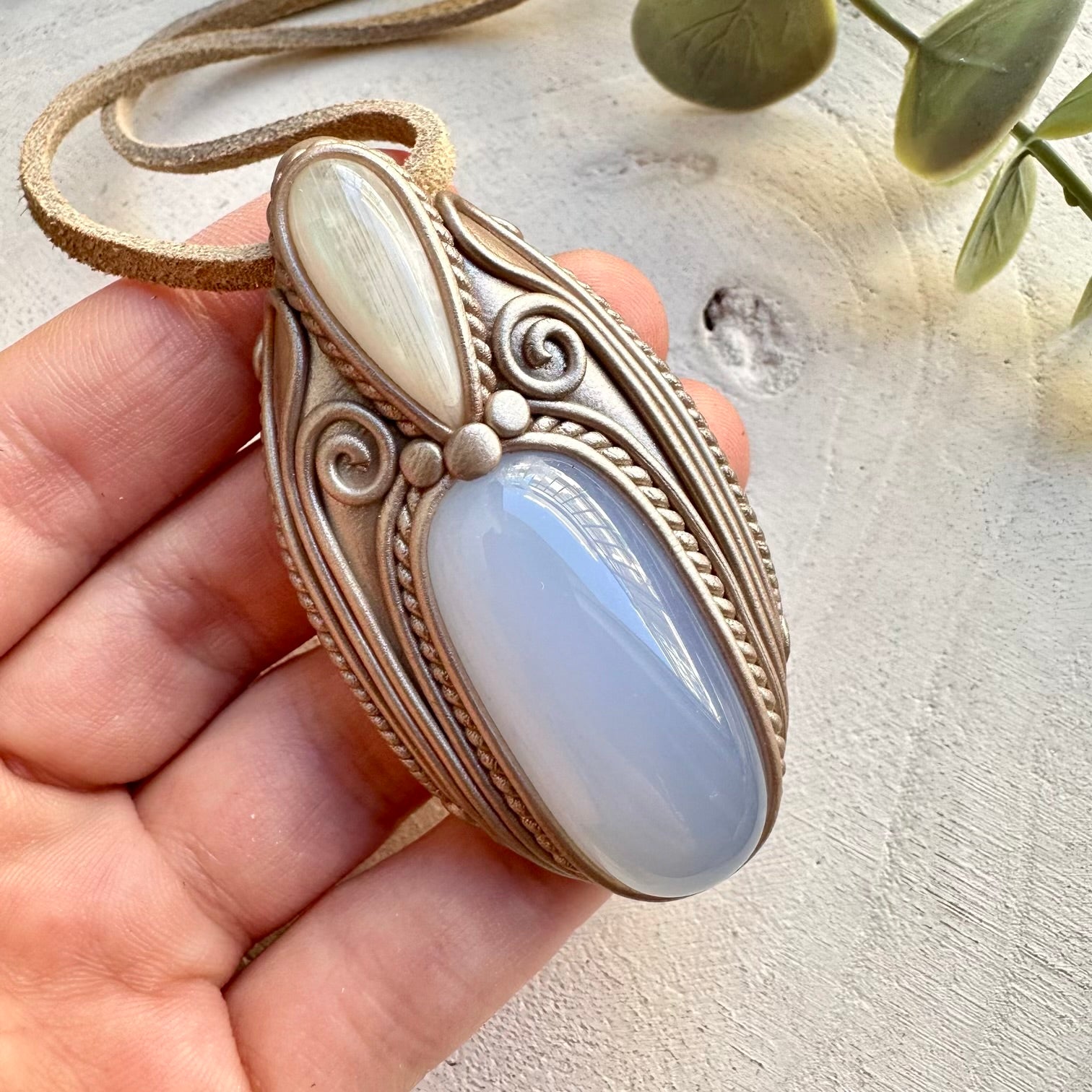 Handmade necklace with blue chalcedony and moonstone
